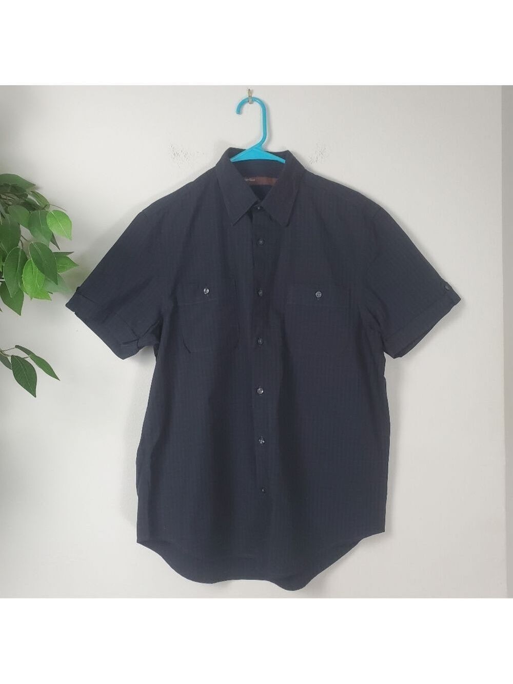 Perry Ellis Men's Black Navy Striped Short Sleeve Button Down Shirt Medium